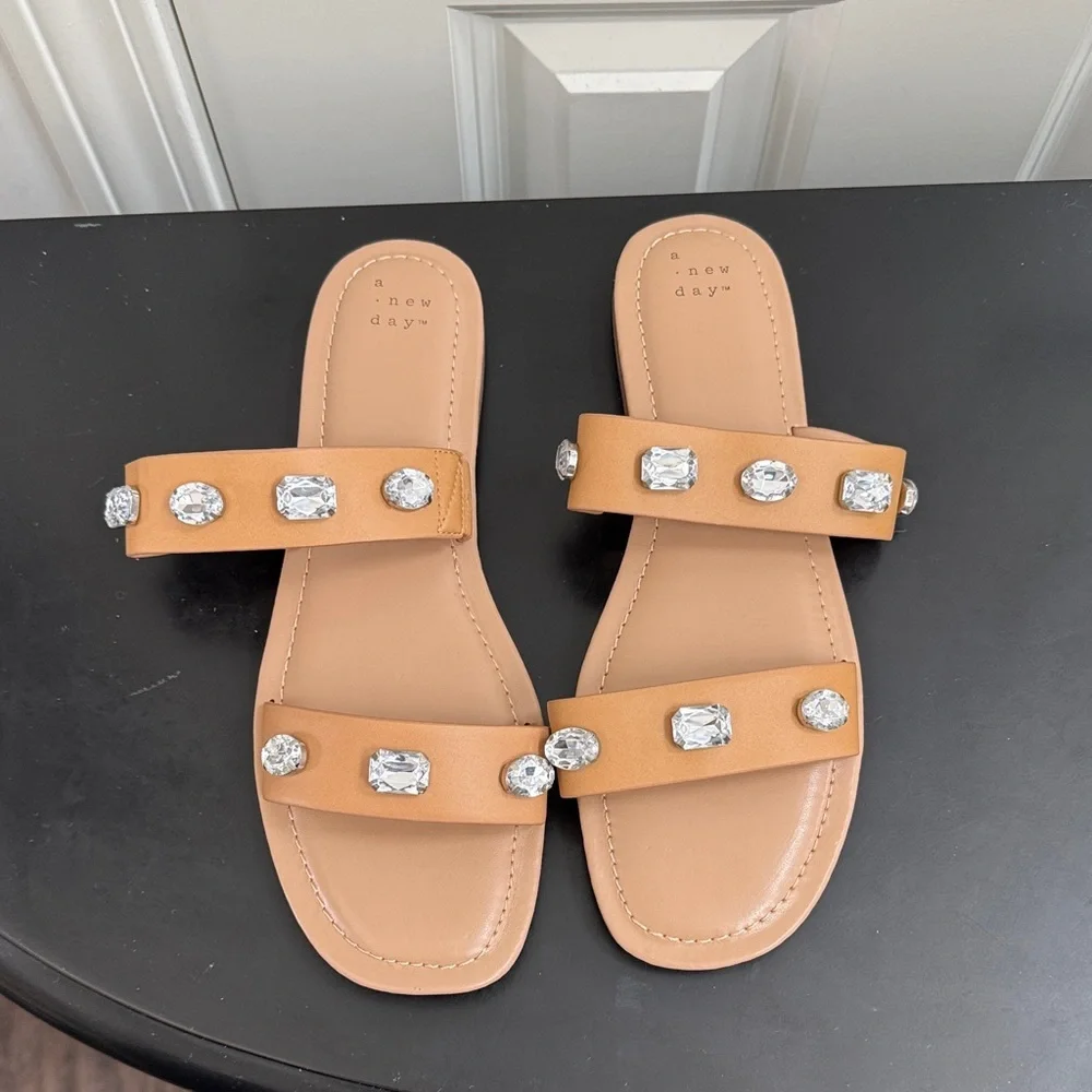 New a new day Tan Sandals with Crystal Accents